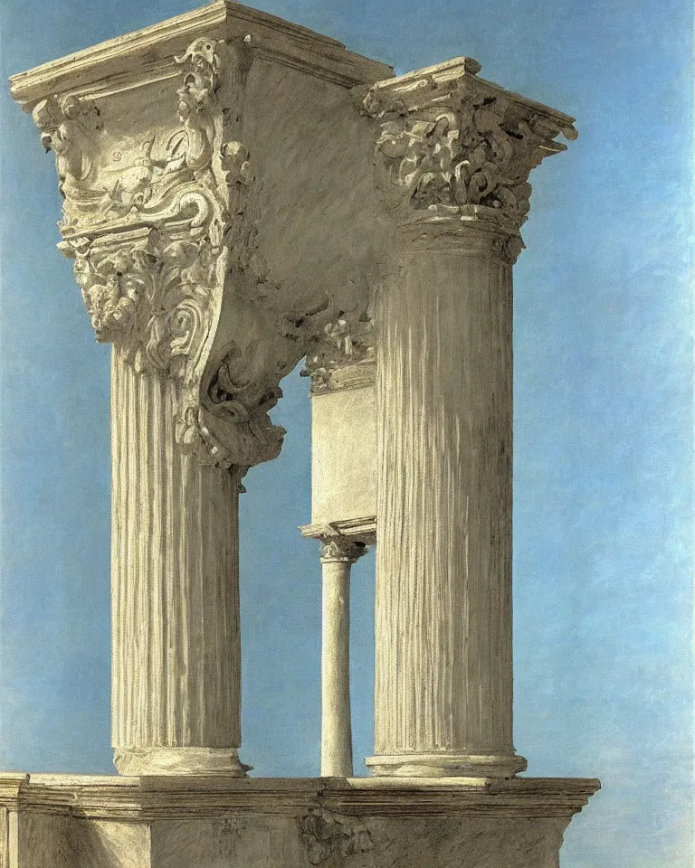 Image similar to achingly beautiful painting of intricate ancient roman corinthian capital on a baby blue background by rene magritte, monet, and turner. giovanni battista piranesi.