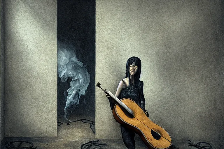 Image similar to still life painting, a lute with smoke wisping up from its smoldering string, cursed baroque with ebony inlay, designed by brian froud and hr giger leans against the wall alone, abandoned. an empty brutalist chamber, lonely, somberlate afternoon lighting cinematic fantasy painting by jessica rossier