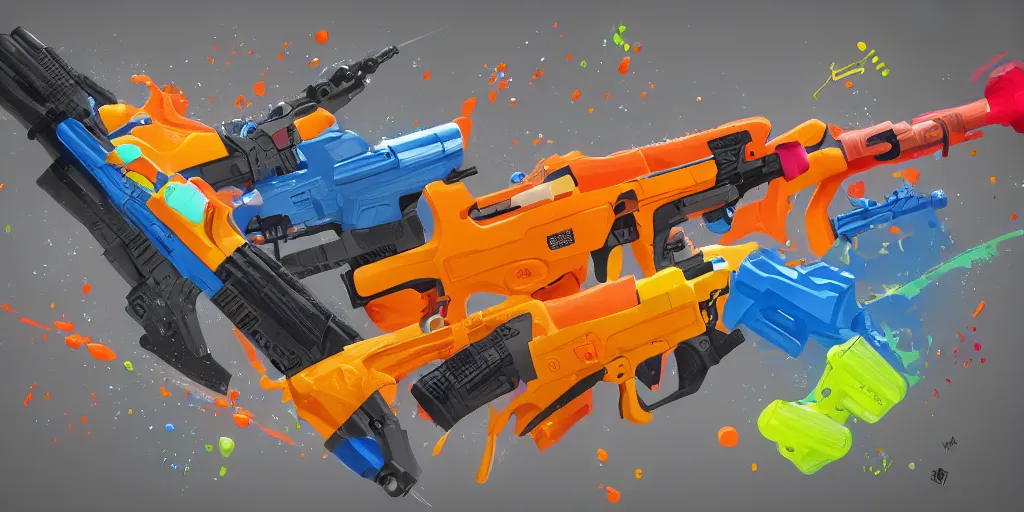 Prompt: Water gun and nerf gun fight, Huge battle, epic fight, shockwave, cinematic battle, vast, sense of scale, trending on art station, 8k