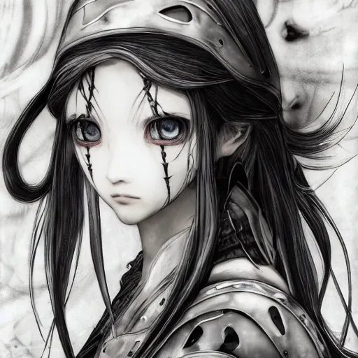 Image similar to yoshitaka amano blurred and dreamy illustration of an anime girl with pirate eye patch, wavy white hair and cracks on her face wearing elden ring armour with the cape fluttering in the wind, abstract black and white patterns on the background, noisy film grain effect, highly detailed, renaissance oil painting, weird portrait angle