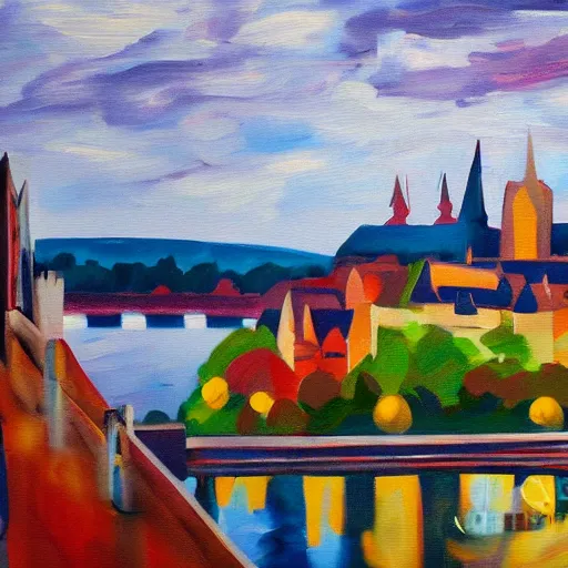 Prompt: abstract painting of the rhine board in basel, the munster in the background