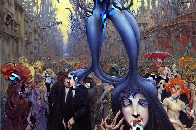 Image similar to realistic extremely detailed portrait painting of an elegant vampire in a crowded futuristic street, detailed alien crowd in the background by Jean Delville, Amano, Yves Tanguy, Alphonse Mucha, Mark Brooks, Ernst Haeckel, Edward Robert Hughes, Roger Dean, rich moody colours, blue eyes