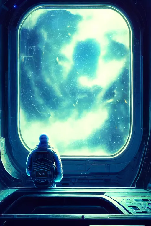 Image similar to nomad, sad in spaceship, gazing at view of galaxy in space through a window, intricate detailed environment, photorealistic!, octane render, mechanical, concept art, cinematic lighting, digital art, interstellar, hyper realism, sharp, cyberpunk, 8 k, de dia los muertos. by angus mckie, moebius, maciej kuciara