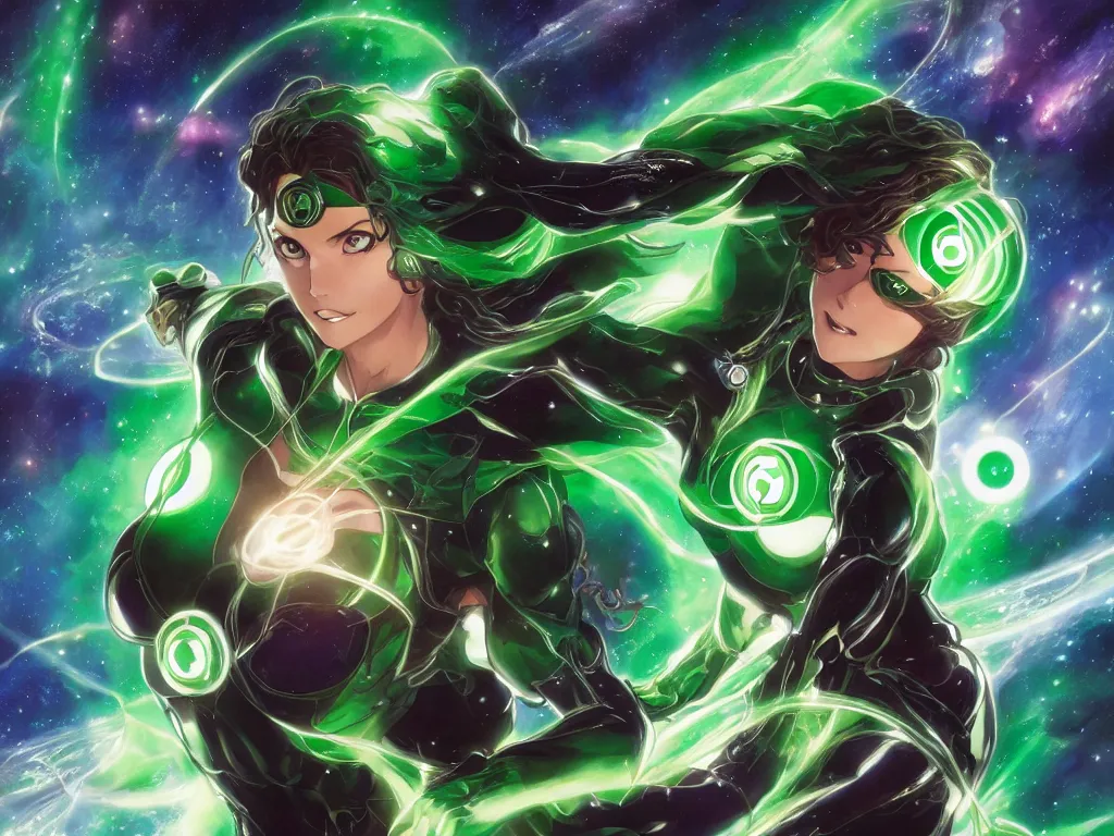 Image similar to anime key visual of one beautiful female green lantern, dc comics, power, hope, glowing, intricate, in space, stunning, highly detailed, digital painting, artstation, smooth, hard focus, illustration, art by artgerm and greg rutkowski and alphonse mucha