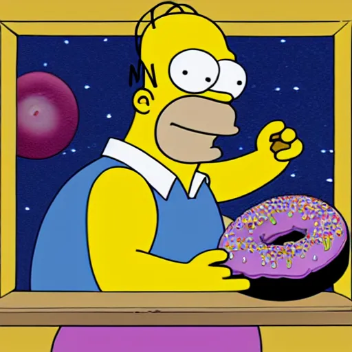 Image similar to homer simpsons eating a universe donut