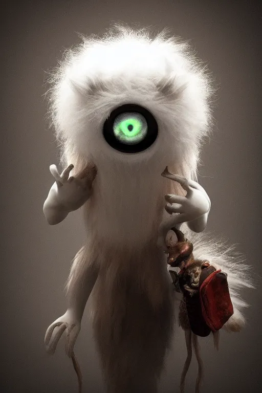 Prompt: 3 d model of adorable evil white fur monster with glowing eyes by alexander jansson : 1 | ray tracing, studio lighting, centered, dark matte background : 0. 9 | by jim henson : 0. 7 | dave melvin : 0. 4 | unreal engine, deviantart, artstation, octane, finalrender, concept art, hd, 8 k resolution : 0. 8