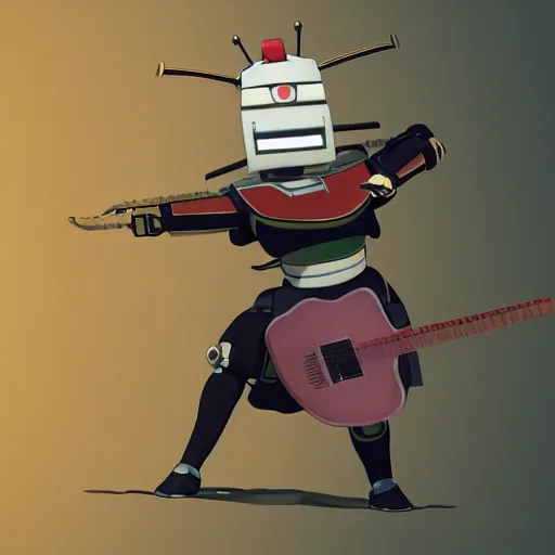 Prompt: A cell animation of a samurai robot playing guitar, Miyazaki Hayao, ghibli style, Illustration, anime, trending on artstation