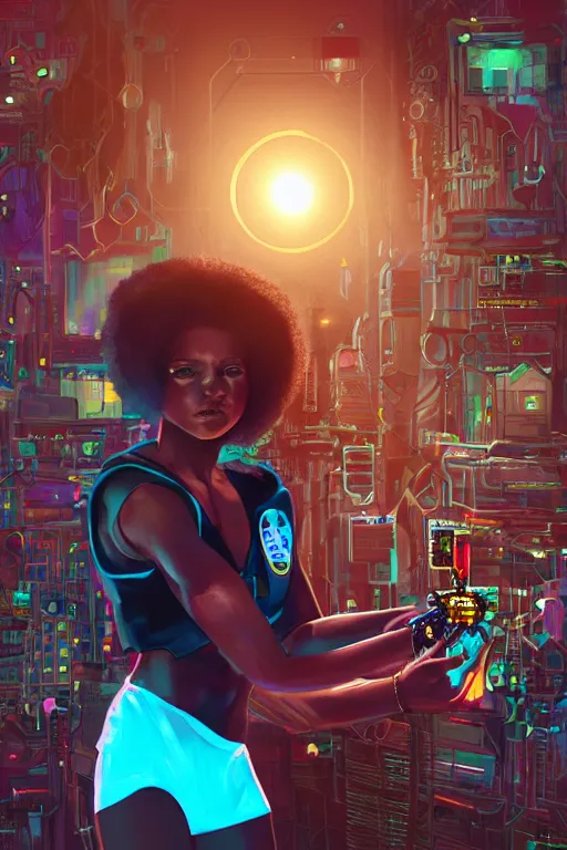 Image similar to a black girl fixing a robot, in the nature, mixing solarpunk, afropunk and cyberpunk technology and aesthetic ( ( ( ( volumetric light ) ) ) ), high angle, part by pearl fryar, part by prince damah, sunny day, trending on artstation, high detailed, cinematic view, illustration, painting.