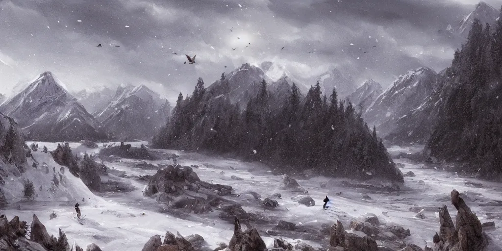 Image similar to A majestic landscape featuring a river, mountains and a forest. A small group of birds is flying in the sky. Harsh winter. very windy. There is a man walking in a deep snow.Camera is positioned behind the man. Cinematic, very beautiful, painting in the style of Lord of the rings