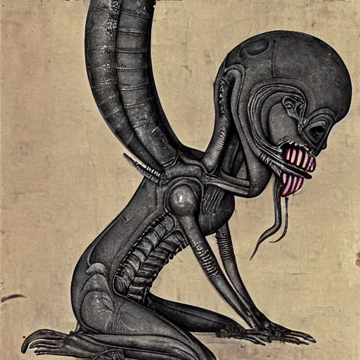 Image similar to ancient egyptian art of xenomorph giger alien from movie alien