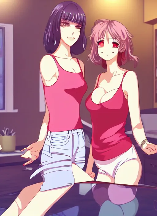Prompt: two beautiful mature women in a summer home, casual summer clothes, gorgeous faces, thick lines, cinematic lighting, detailed anime art