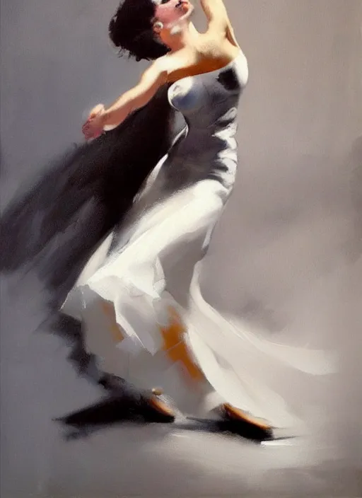 Image similar to sensual tango dancer girl in white dress, painting by phil hale, fransico goya,'action lines '!!!, graphic style, visible brushstrokes, motion blur, blurry, visible paint texture, crisp hd image