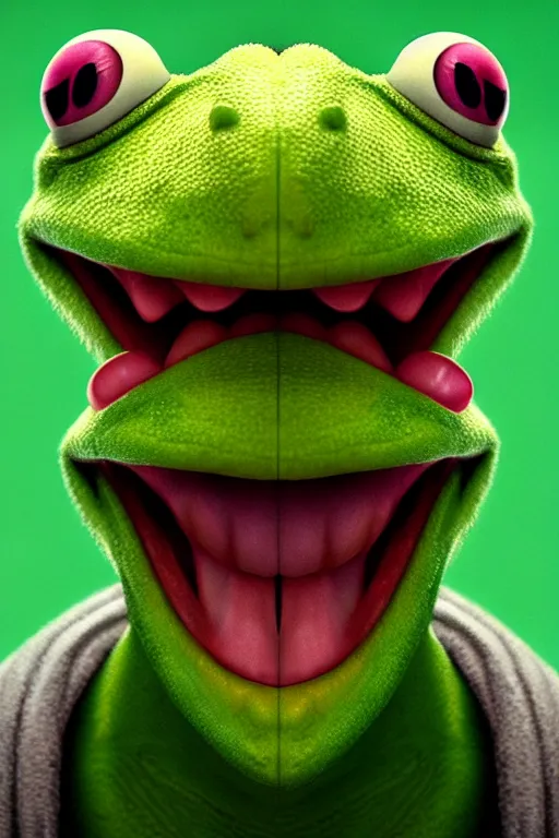 Image similar to a beautiful oil painting hyperrealism of a happy smiling kermit the frog head, green bulging eyes, rotten green skin, grey beard, blue veins, skull bones, moody lighting, 8 k resolution, octane render, trending on artstation, by h. r. giger and greg rutkowski