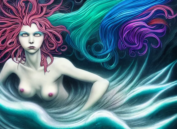 Image similar to realistic detailed image of a mermaid with rainbow hair swimming in an angry, stormy sea, anime art, anime, inspired by Mark Ryden and Zdzislaw Beksinski, gothic, rich deep colors. A masterpiece.