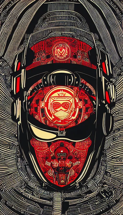 Image similar to Illustrated by Shepard Fairey and H.R. Geiger | Cyberpunk Samurai with VR helmet, surrounded by cables