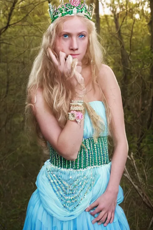 Prompt: a princess with long blonde hair and light blue eyes wearing a strapless elaborately beaded pink dress standing next to a green popup camping tent, high resolution film still, 8k, HDR color, film by Simon Langton and David Frankel, triangular face, very light freckles, round narrow chin, straight jawline, natural lips, high cheekbones, beautiful gazing eyes, green outdoor camping tent, pink tiara