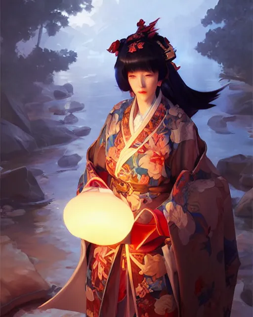 Image similar to onmyoji, fine details. night setting. realistic shaded lighting poster by craig mullism, artgerm, jeremy lipkin and michael garmash, unreal engine, radiant light, detailed and intricate environment, digital art,