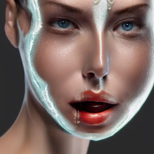 Image similar to A female peeling of her face showing she is a cyborg, hyper realistic, cyborgs, robots, 8k, higly detailed, digital art,