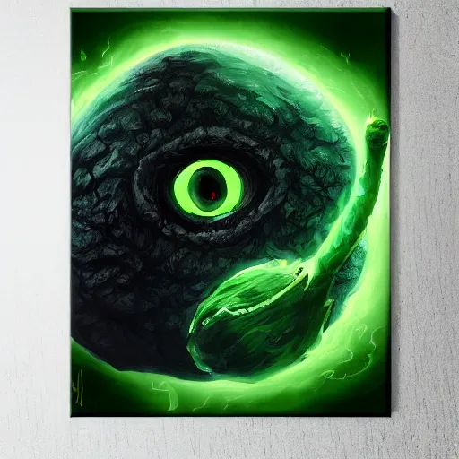 Image similar to a giant one - eyed bumpy wrinkly ball sphere green pea, with boney arms and a single sauron eye, lovecraft, trending on artstation, 4 k, video game art, oil painting