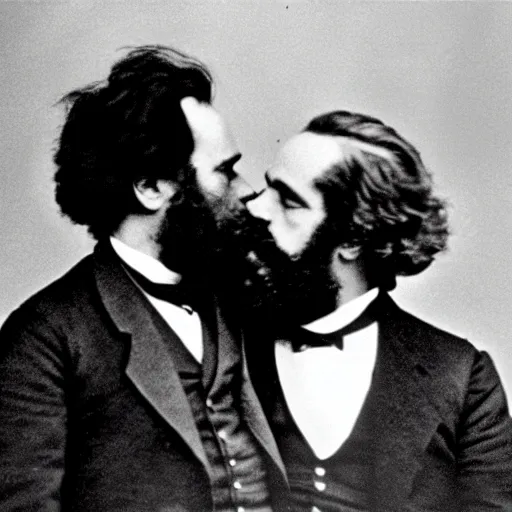 Image similar to Karl Marx and Nietzsche kissing, bedroom background, photo, 1920