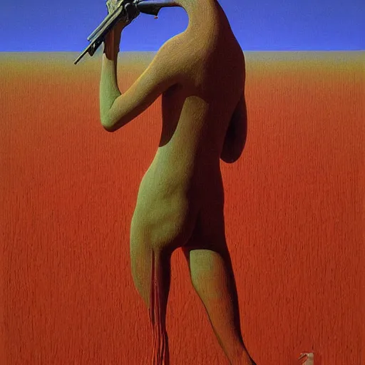 Image similar to flamingo with a shotgun by Zdzisław Beksiński, painting