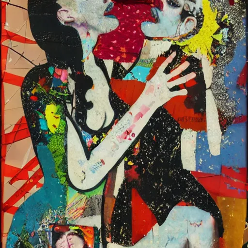 Prompt: two dream women kissing at a carnival made of love, mixed media collage, retro, paper collage, magazine collage, acrylic paint splatters, bauhaus, abstract claymation, layered paper art, sapphic visual poetry expressing the utmost of desires by jackson pollock