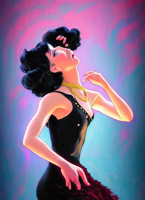 Image similar to a beautiful dancer with black hair in 1930's fashion, ballroom background, intricate, highly detailed, digital painting, artstation, official media, anime key visual, concept art, rich vivid colors, ambient lighting, sharp focus, illustration, art by Artgerm, Makoto Shinkai, Ilya Kuvshinov, Lois Van Baarle, and Rossdraws