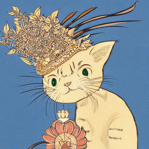 Image similar to Royal cat with a crown by Hokusai, in the style of Hokusai, octane render