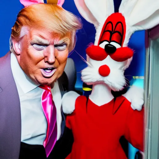 Image similar to high definition photo Donald trump dressed as Bugs Bunny spying on children at a birthday party, high quality, dynamic, good lighting