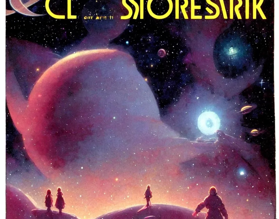 Image similar to illustrated by moebius and greg rutkowski, romantic!!! space scene!! with standing young girl!!!!, orbit of earth!, futuristic orbital station!!!!, nebulae!!, starry sky!!, rule of third!!!!, vintage cover of sci - fi magazine, cinematic!!