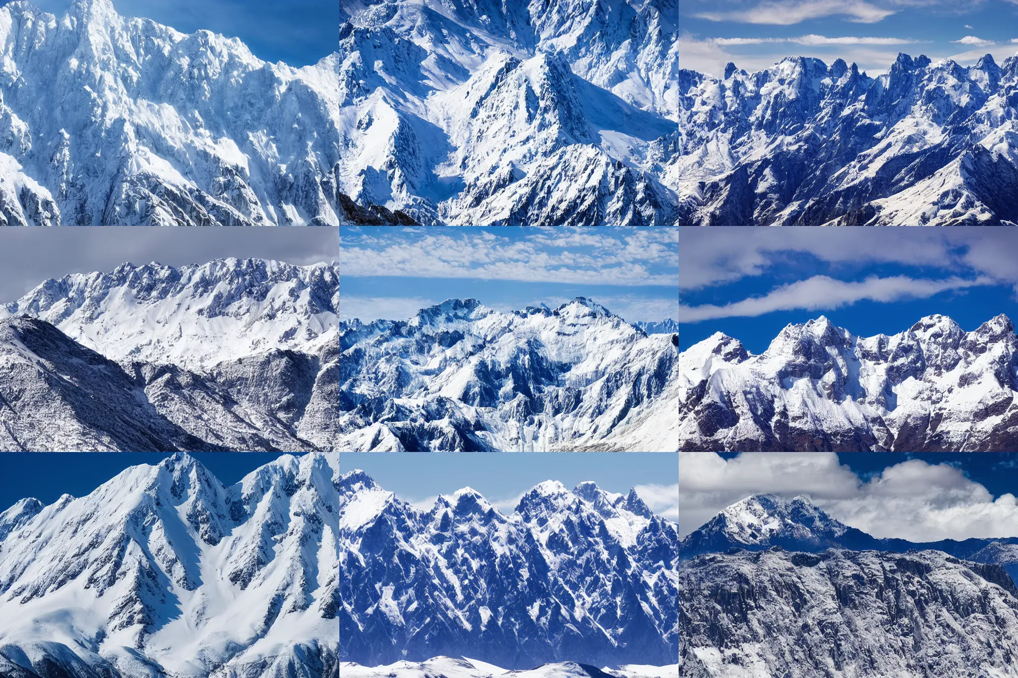 Prompt: long distance photo of snowy mountain range, complex and detailed, awe inspiring