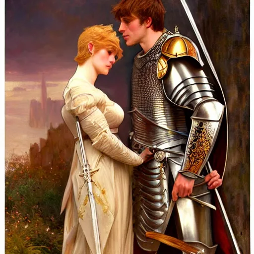 Prompt: attractive arthur pendragon and his favourite attractive male knight, they are in love, camelot, natural lighting, path traced, highly detailed, high quality, digital painting, by gaston bussiere and ross tran and j. c. leyendecker and alphonse mucha
