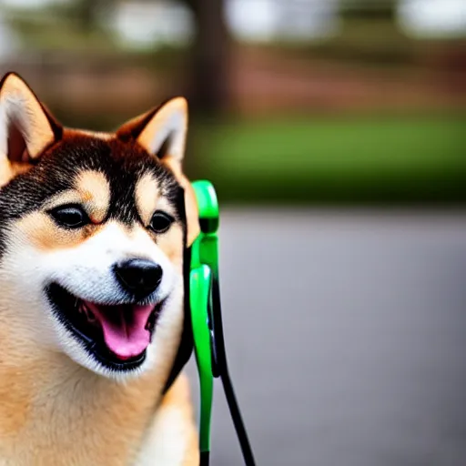 Prompt: a cheeky shiba inu wearing a stolen headset