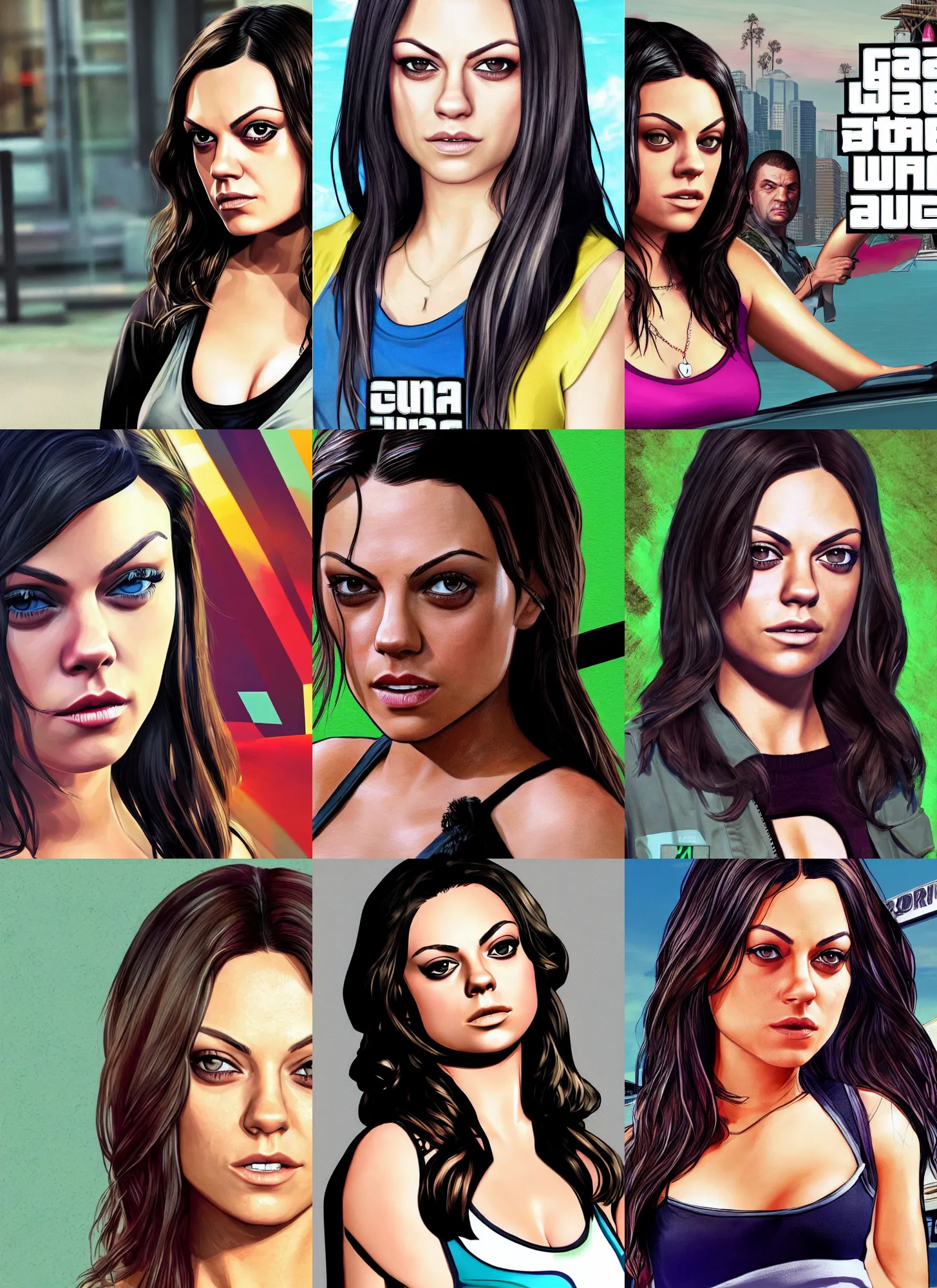 Prompt: cell shaded gta 5 boxart portrait mila kunis