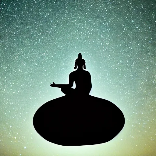 Image similar to Film still of silhouette of indian statue, sukhasana, starry sky, flying saucer, with radiating hill, full shot