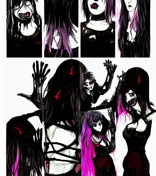 Image similar to horror acid colors, a dark picture comic featuring blood horror and goth anime girls, anime vampires, evil horror vibes