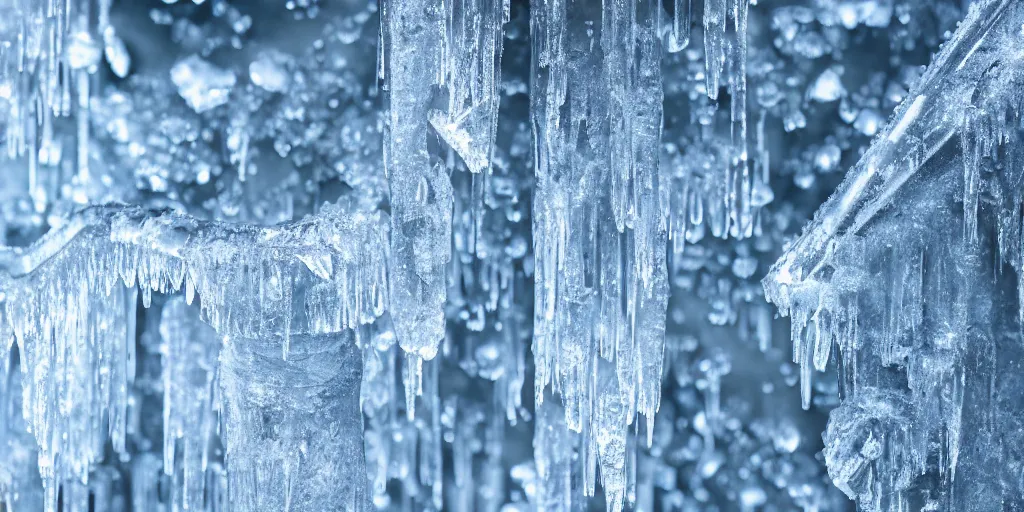 Prompt: a detailed photo of a icicle hanging from a metal frozen pipe, rendered in octane 8 k