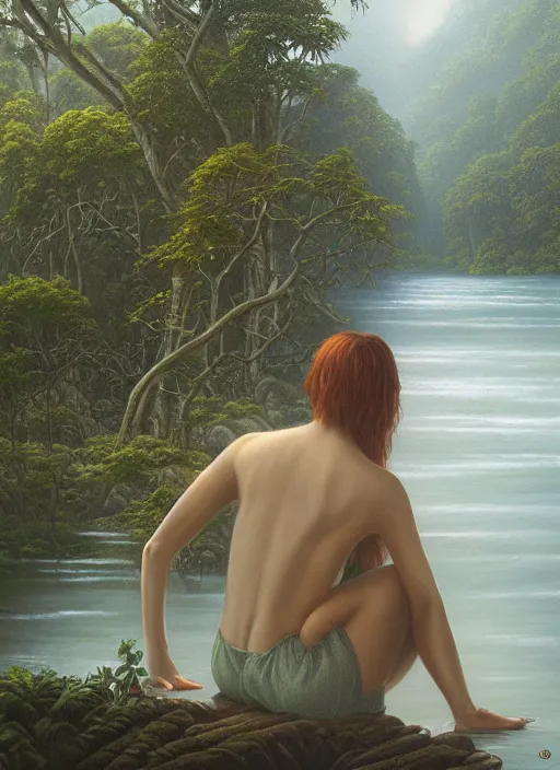 Prompt: a meditation near a river in the amazon jungle, gazing at the water, highly detailed, art by christophe vacher