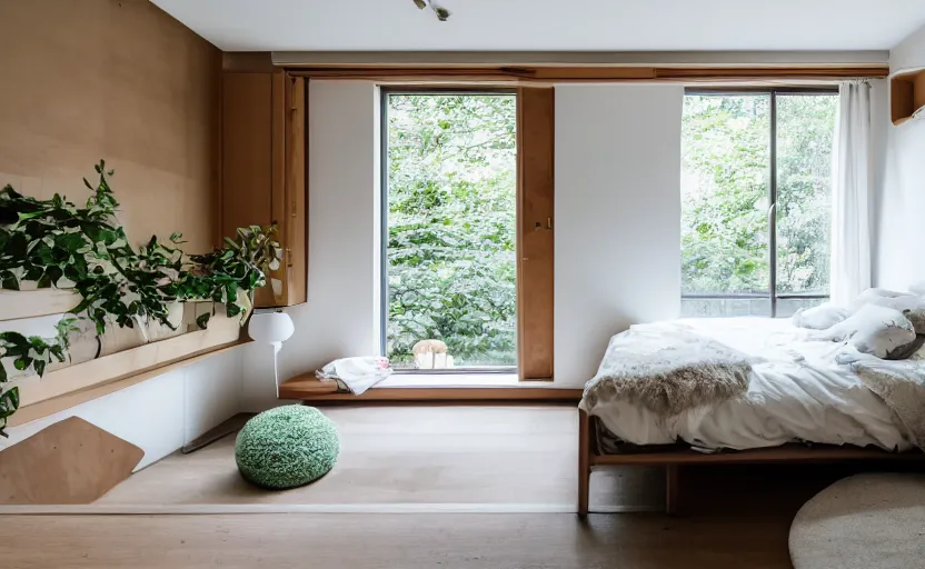 Image similar to interior of a compact bedroom in an apartment building, bed, green wall, cupboards, japanese design, swedish design, natural materials, minimalism, pine wood, earth colors, feng shui, rustic, white, beige, bright, plants, windows with a view of a green park, modernist, 8 k