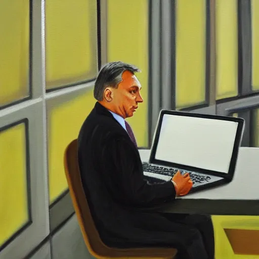 Prompt: viktor orban working with excel on a laptop in a cubicle, oil painting