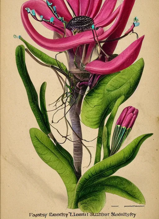 Image similar to fantasy scientific botanical illustration of colorful flower with a mouth and teeth on its base