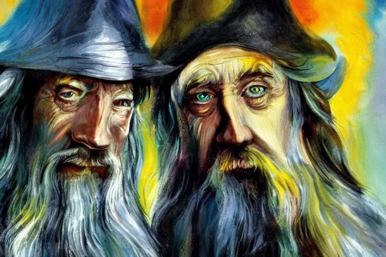 Prompt: gandalf and frodo painted in the style of francis bacon, expressionist, 4 k, realistic