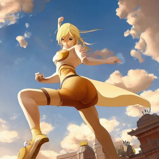 Image similar to blonde - haired princess, anime princess, wearing skinsuit, action pose, parkour, plaza, greco - roman pillars, golden hour, partly cloudy sky, sepia sun, strong lighting, strong shadows, vivid hues, ultra - realistic, sharp details, subsurface scattering, intricate details, hd anime, 2 0 1 9 anime