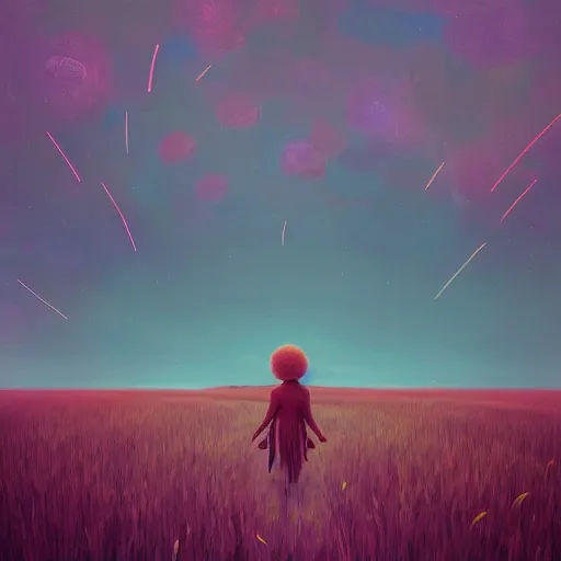 Image similar to giant flower as a head, girl walking in wheat field, hills, surreal photography, dark night, star trails, dramatic light, impressionist painting, clouds, digital painting, artstation, simon stalenhag