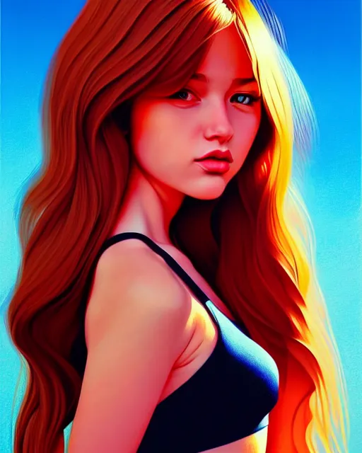 Image similar to hyper - realistic portrait of a pop art girl, dynamic wavy hair, perspective body anatomy, detailed designs, digital painting, 4 k, by ilya kuvshinov, by artgem, atmospheric lighting