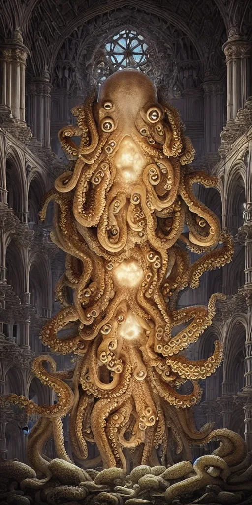 Image similar to group of mankind species mages with enormous translucent octopus heads floating around inside an ancient mage castle hall colossal scale, gothic and baroque, brutalist architecture, ultradetailed, intricate details by Ellen Jewett and Josan Gonzalez and Giuseppe Arcimboldo
