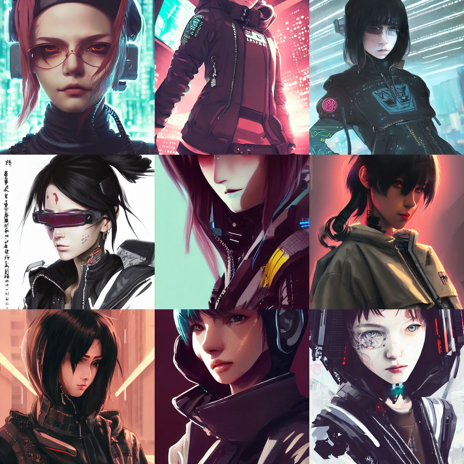 Prompt: very cool girl wearing wearing intricate cyberpunk streetwear, detailed portrait, cell shaded, 4 k, by kyoto animation, artgerm, ilya kuvshinov, krenz cushart, greg rutkowski, pixiv, piercing eyes, beautiful, cinematic dramatic atmosphere