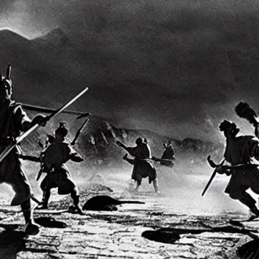 Prompt: seven samurai in an epic battle, ultrarealistic