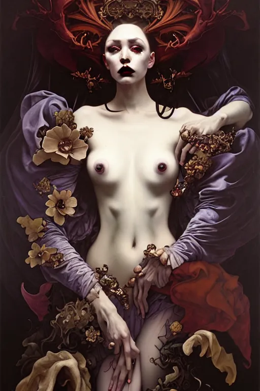 Image similar to baroque oil painting of full body vampire princess portrait, by nekro, peter mohrbacher, alphonse mucha, brian froud, yoshitaka amano, kim keever, victo ngai, james jean