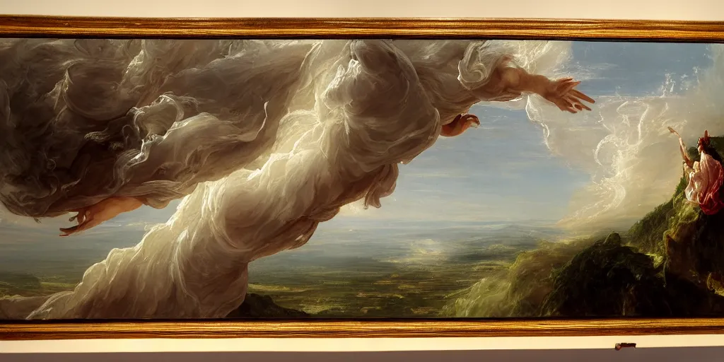 Image similar to a painting of a hand descending from the clouds demanding payment god knows what, in the style of an epic Thomas Cole painting